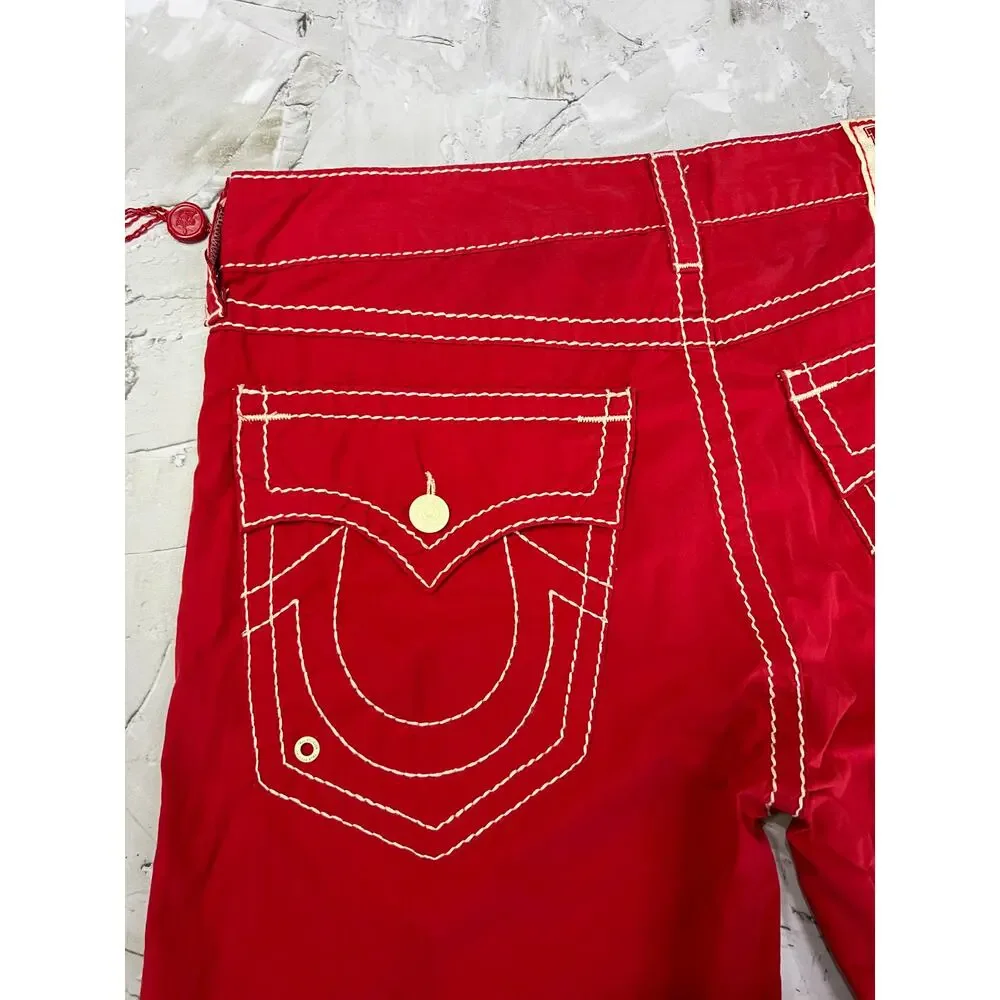 True Religion Big T Boardshort SIZE 33 Red White Stitch Cotton Swim Shorts EUC